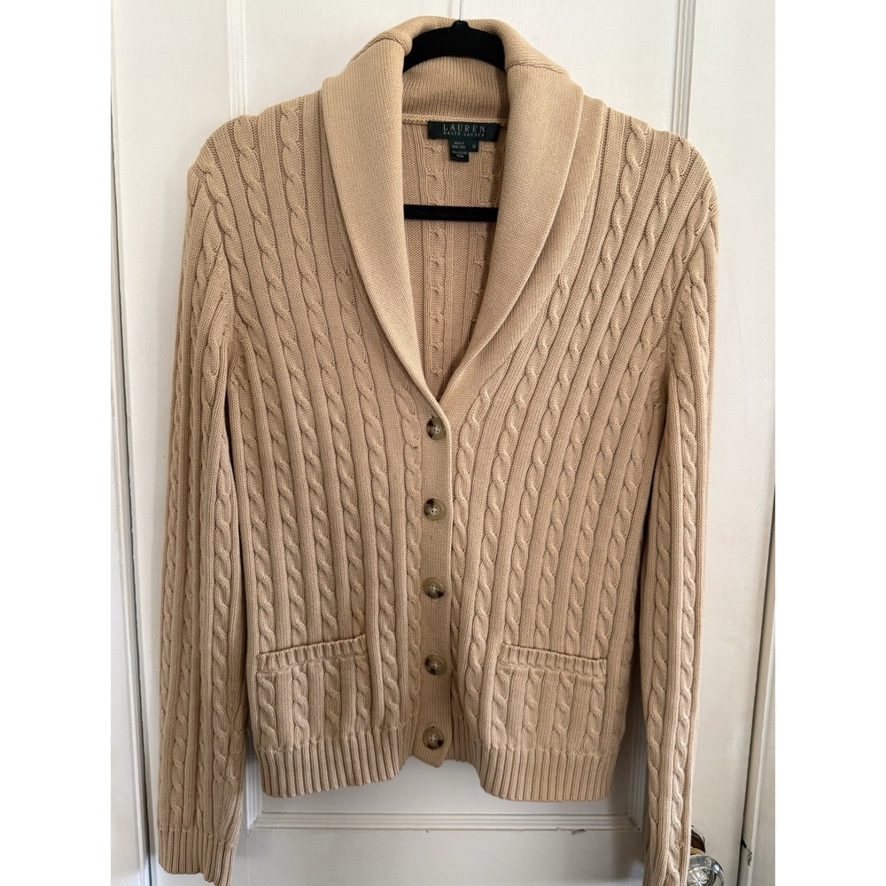 Lauren Ralph Lauren Tan Cable Knit Shawl Collar Cardigan Button Front Cotton M